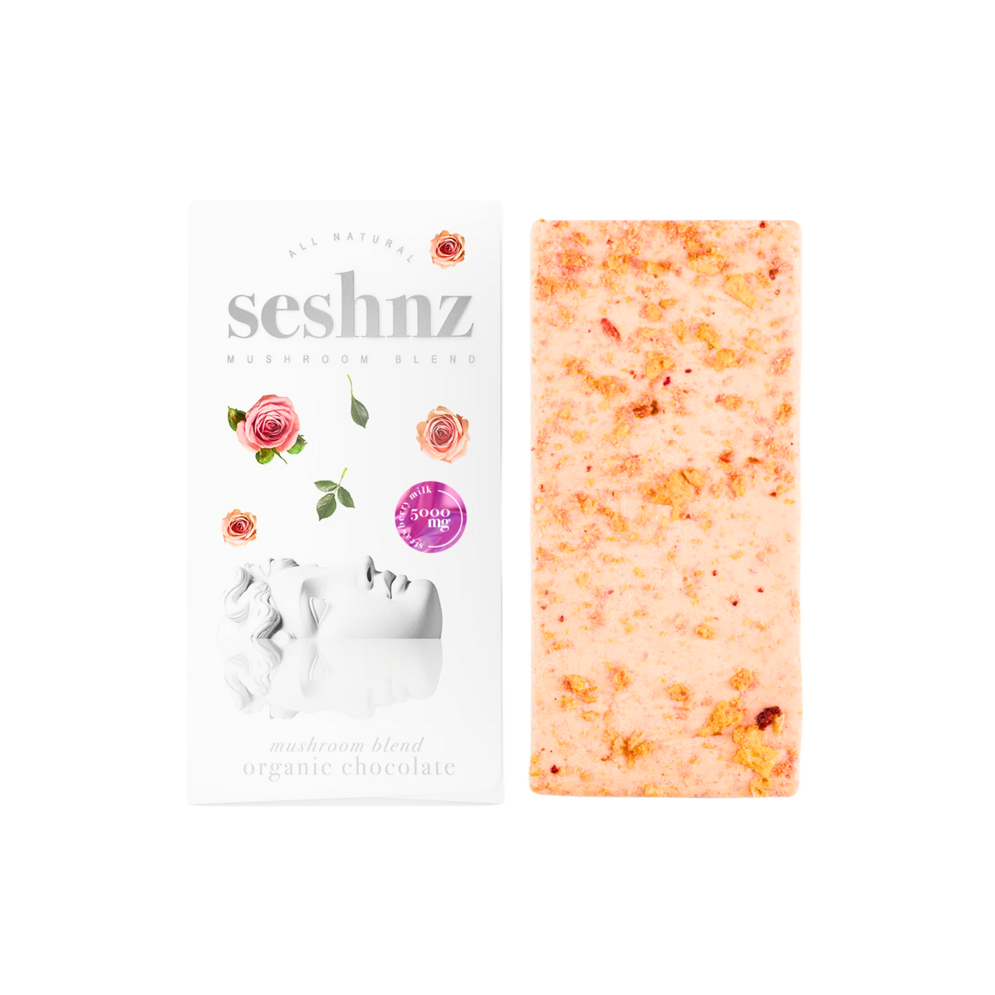 Seshnz organic Strawberry Milk chocolate bar with packaging on a white background