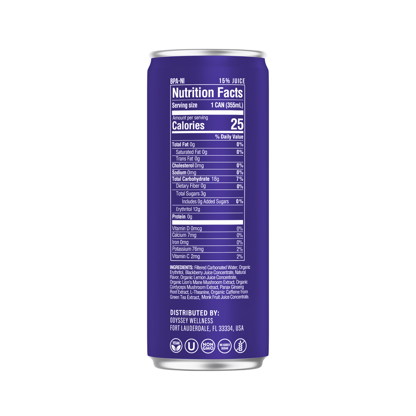 Purple can with nutrition facts label on a white background