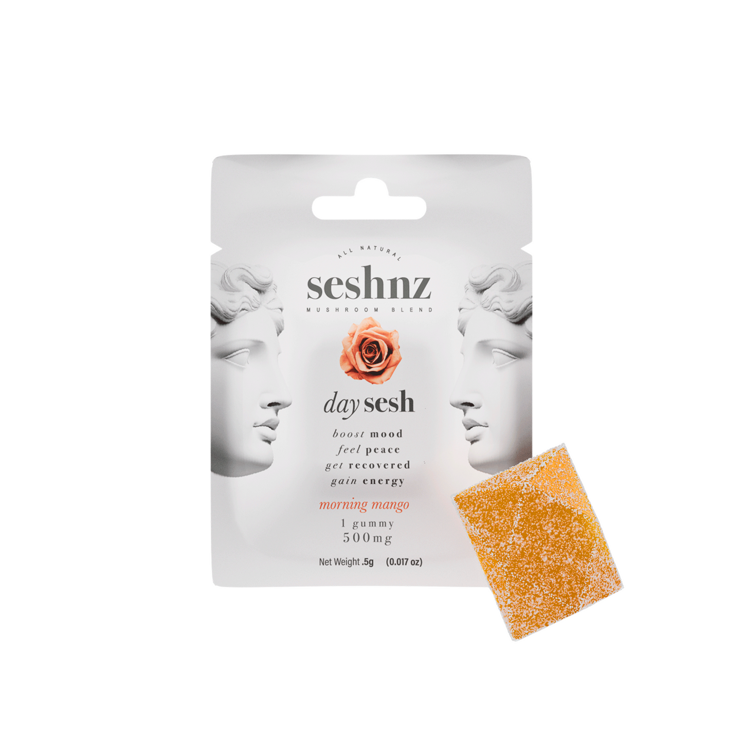 Seshnz gummy package with a gummy on a white background