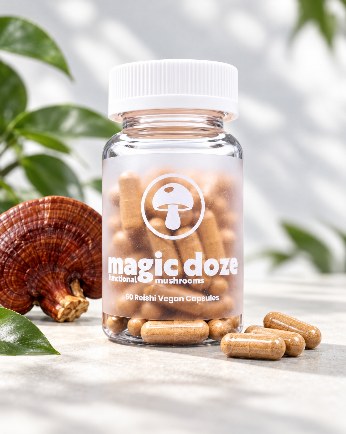 Magic Doze Unwind Reishi mushroom capsules bottle with capsule detail