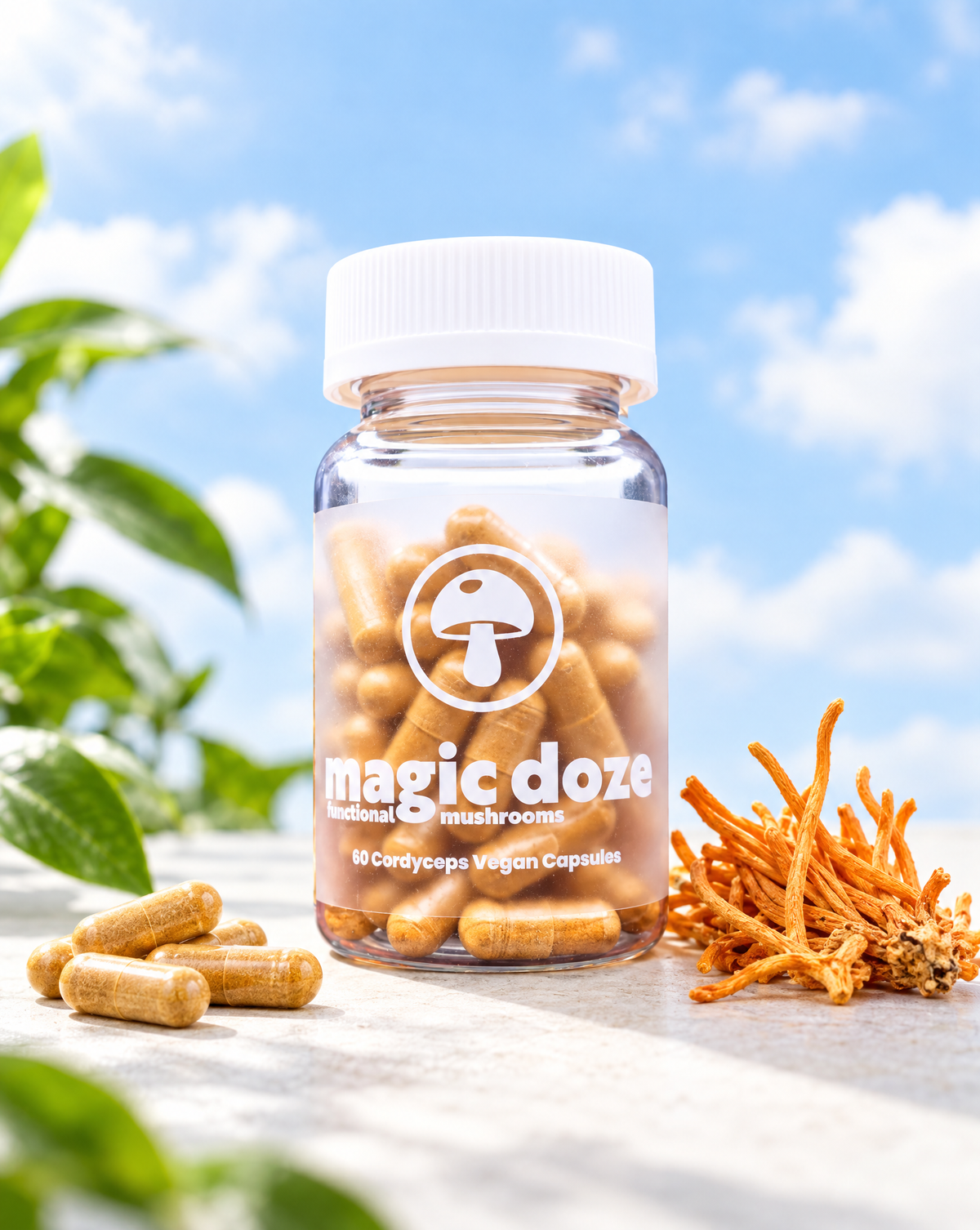 Magic Doze Vitalize Cordyceps mushroom capsules bottle with capsule detail