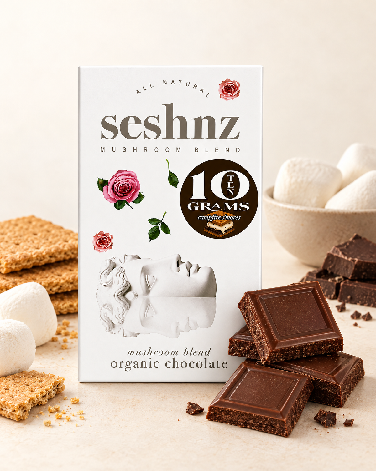 Seshnz Campfire S'mores 10g mushroom chocolate bar package with breakable chocolate pieces