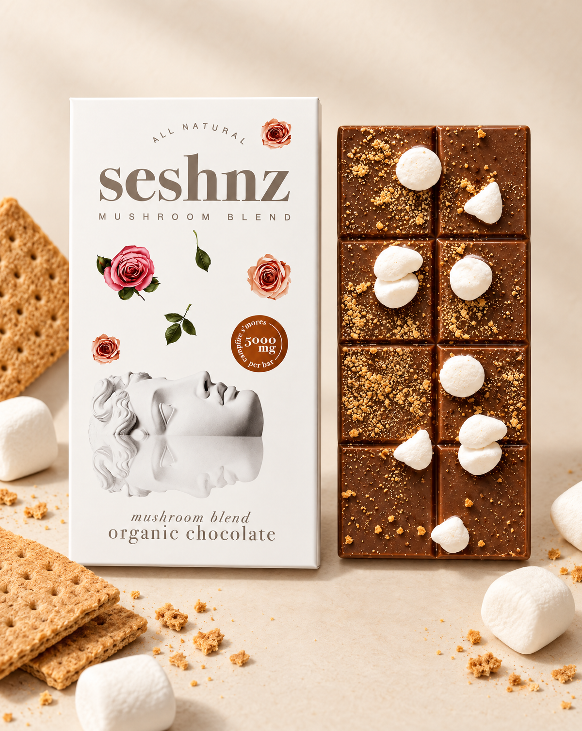 Seshnz Campfire S'mores mushroom chocolate bar package with breakable chocolate pieces