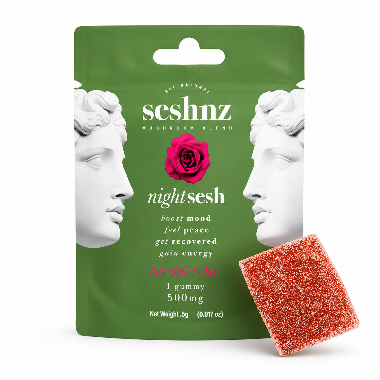 Seshnz Night Sesh Late Night Lychee functional mushroom gummy package with red lychee gummy candy on a clean white background for premium mushroom edible branding