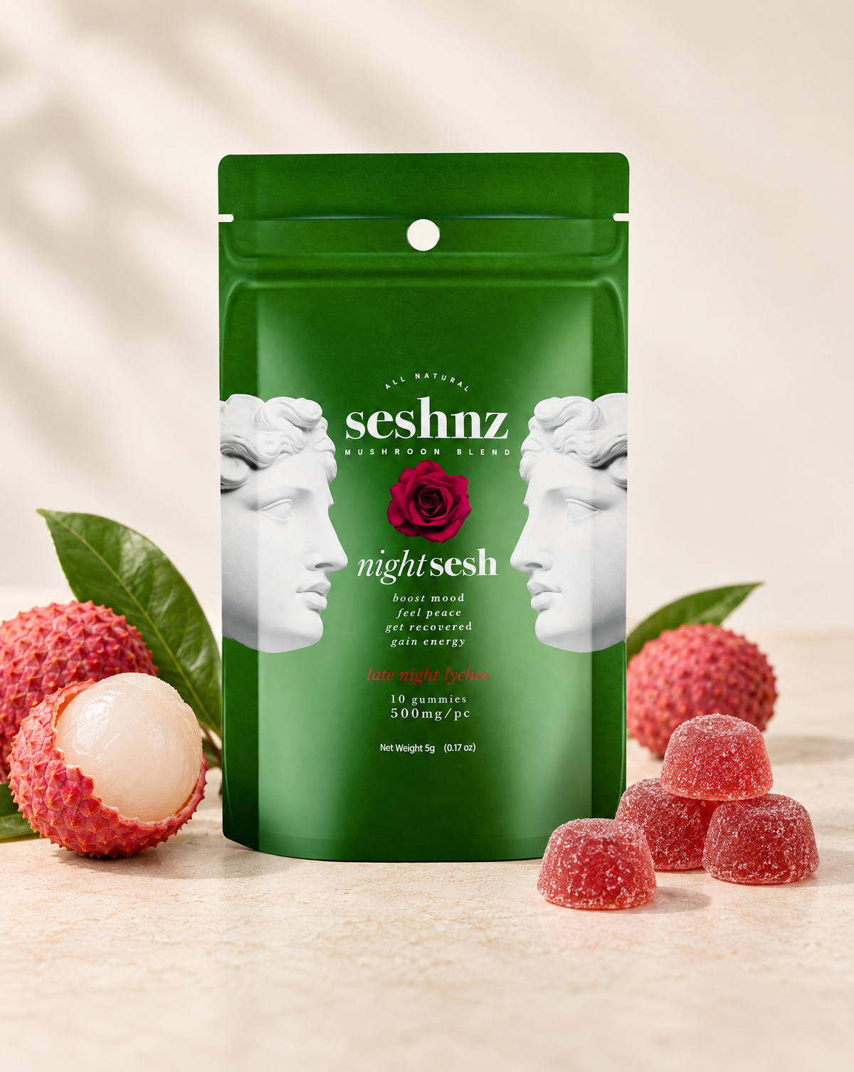 Seshnz Night Sesh Late Night Lychee mushroom gummies pouch with individual gummy pieces