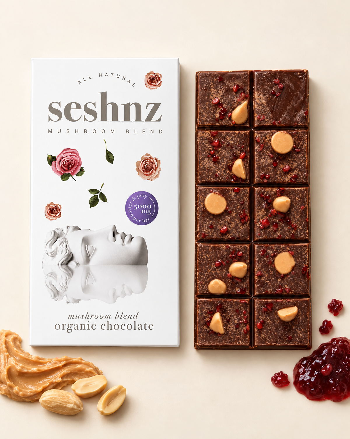 Seshnz Peanut Butter and Jelly mushroom chocolate bar package with breakable chocolate pieces