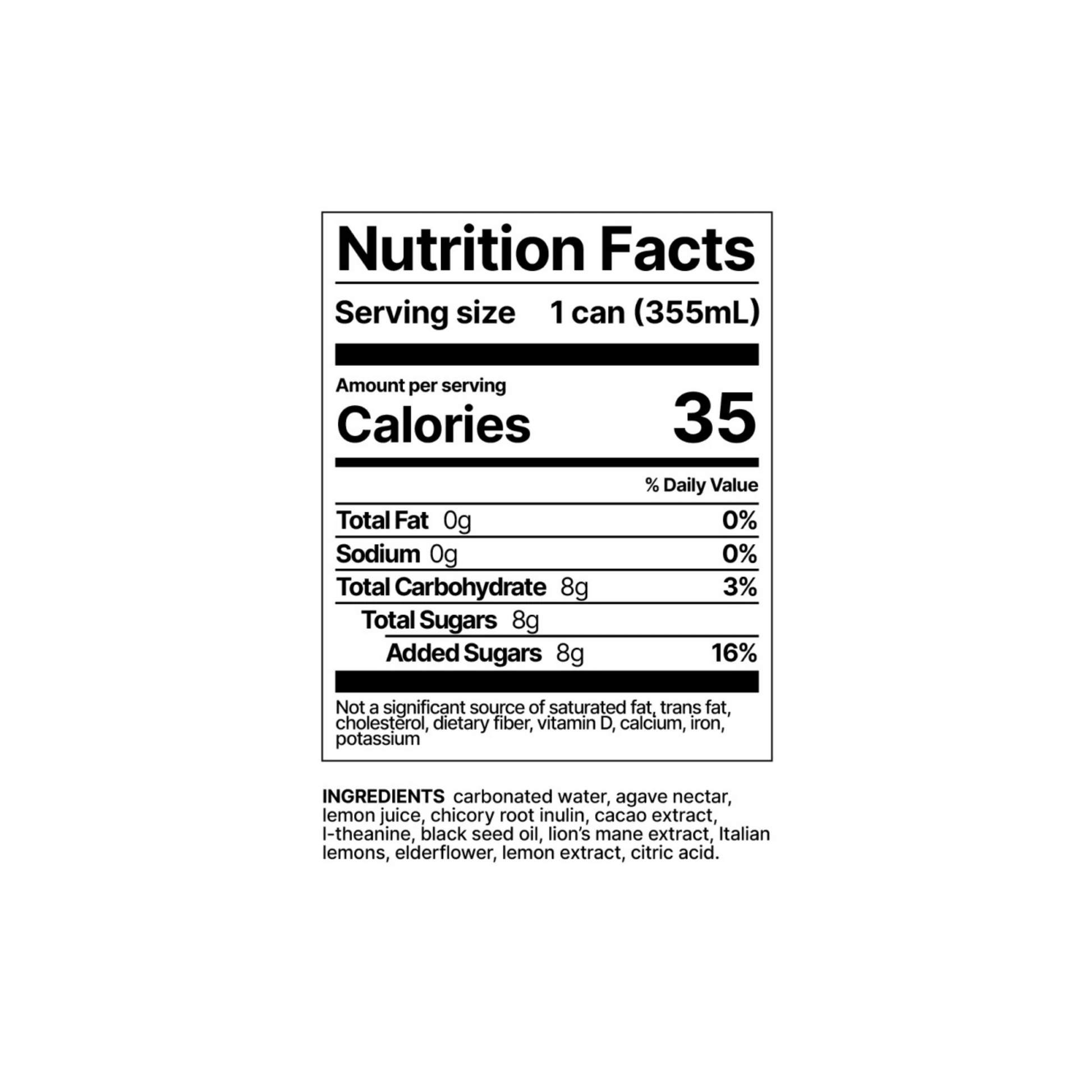 Nutrition facts label for a product with serving size, calories, and ingredient list.
