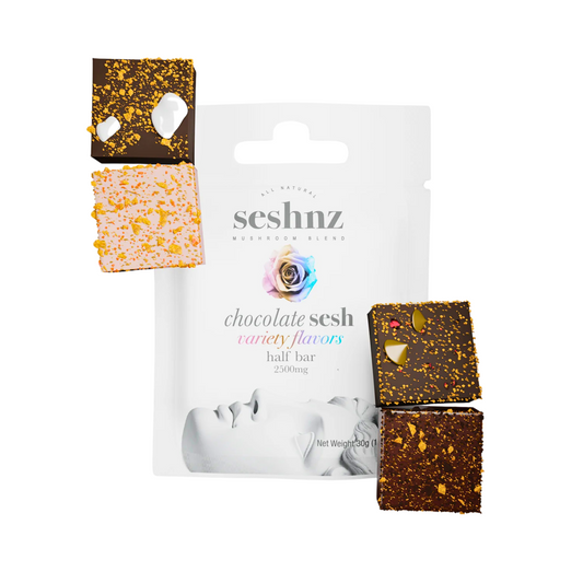 Seshnz chocolate variety flavor bars with packaging on a white background