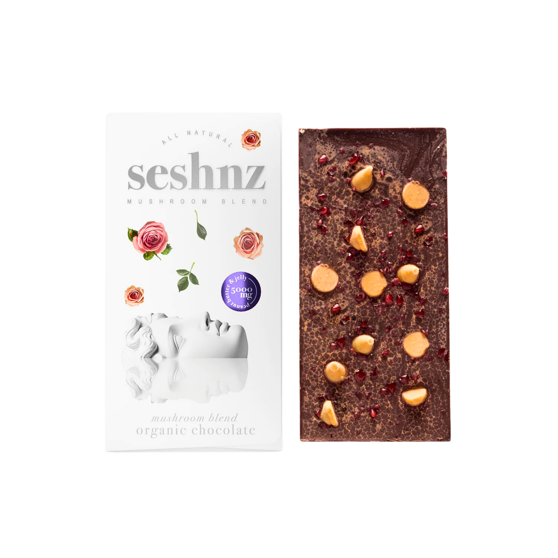 Seshnz organic peanut butter and jelly chocolate bar with packaging on a white background