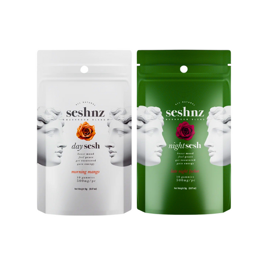 Two seshnz product packages, one white and one green, on a white background.