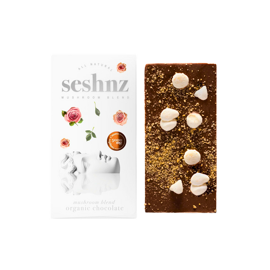 Seshnz organic Campfire s'mores chocolate bar with packaging on a white background