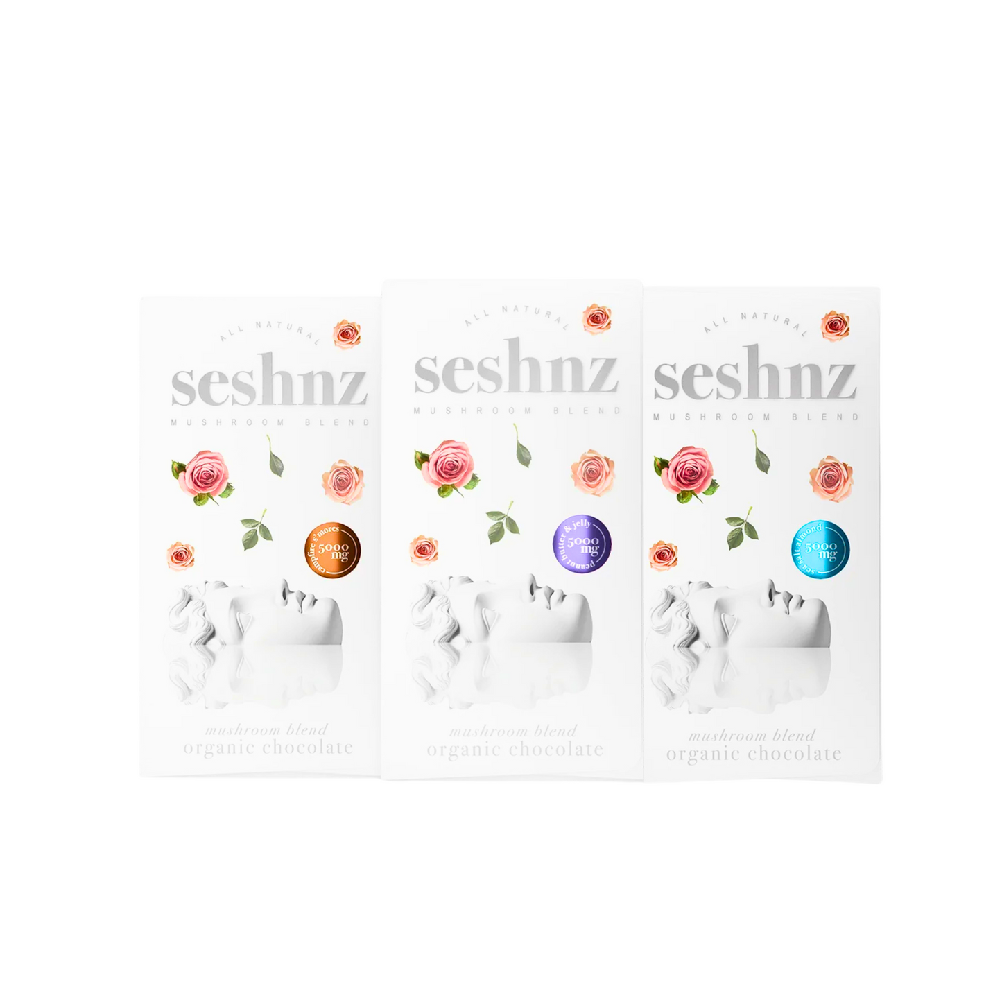 Three seshnz chocolate product packages on a white background