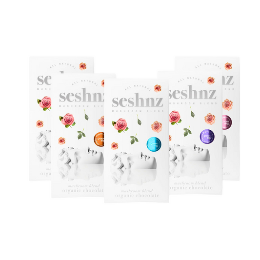 Five seshnz organic chocolate packages with floral designs on a white background