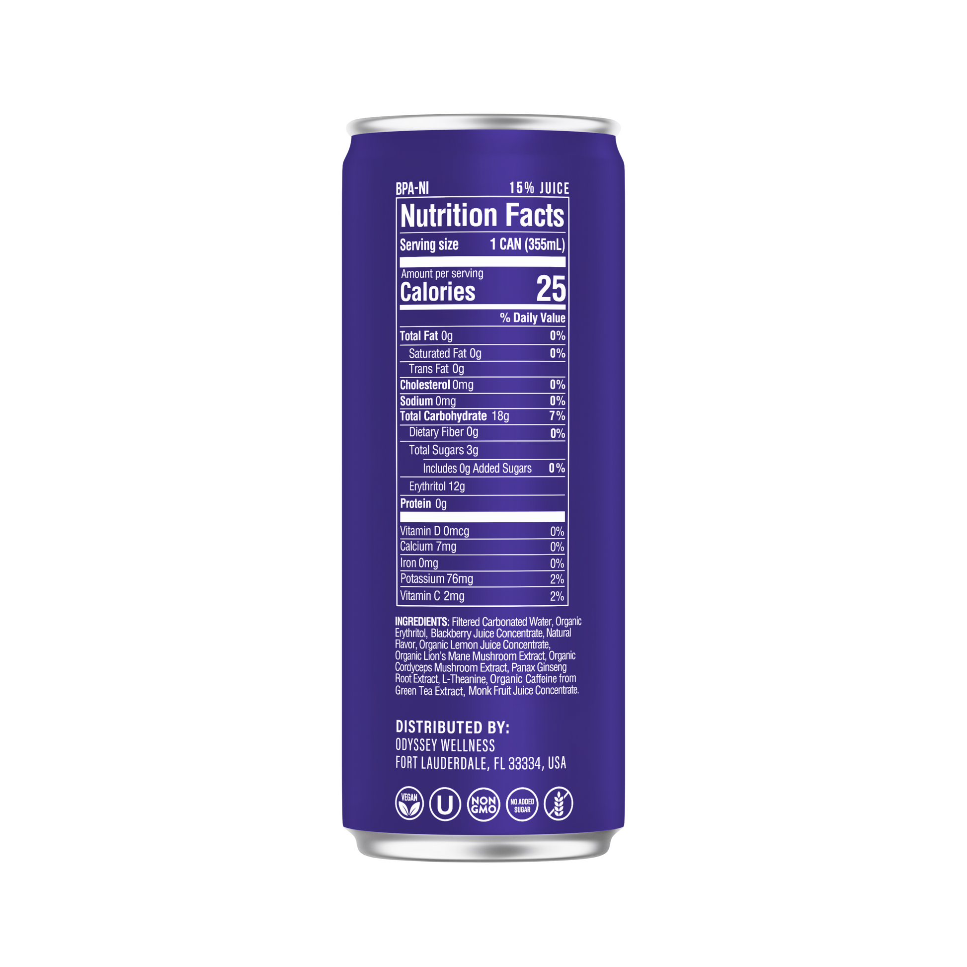 Purple can with nutrition facts label on a white background