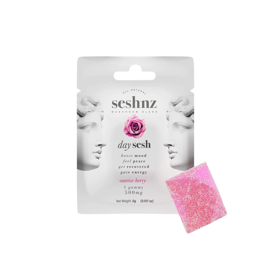 Seshnz Day Sesh product packaging with a pink gummy on a white background