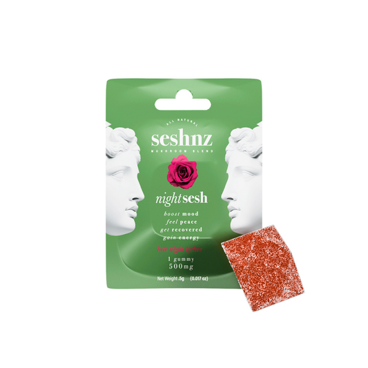 Seshnz gummy package with green background and red gummy on a white background