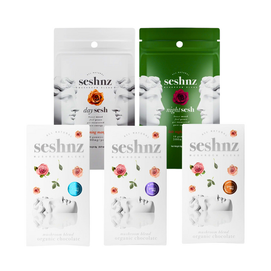 Set of seshnz chocolate packages with different designs on a white background