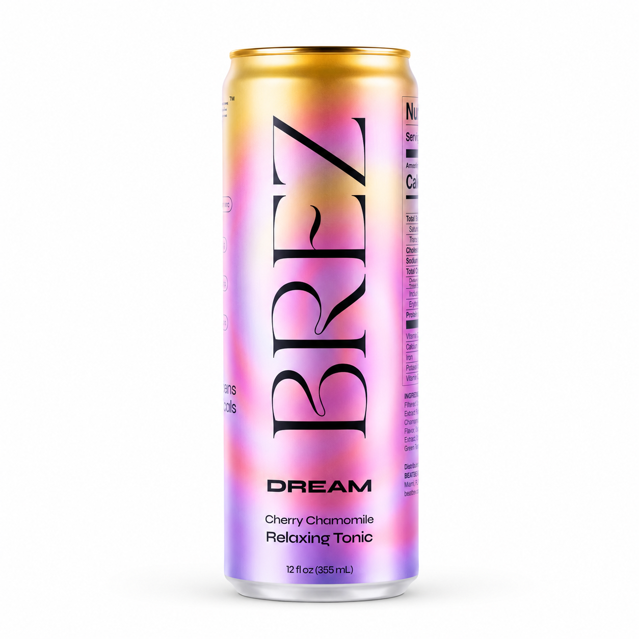 BREZ Dream Cherry Chamomile relaxing tonic can with premium functional beverage branding on a clean white background
