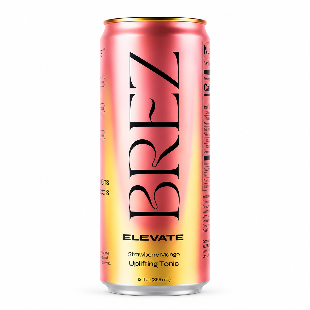 BREZ Elevate Strawberry Mango uplifting tonic can with premium functional beverage branding on a clean white background