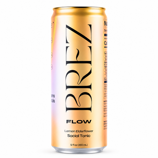 BREZ Flow Lemon Elderflower social tonic can with premium functional beverage branding on a clean white background
