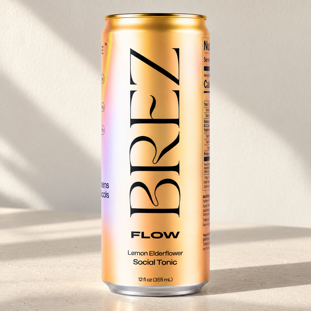 BRĒZ Flow Lemon Elderflower can, alternate neutral-background view