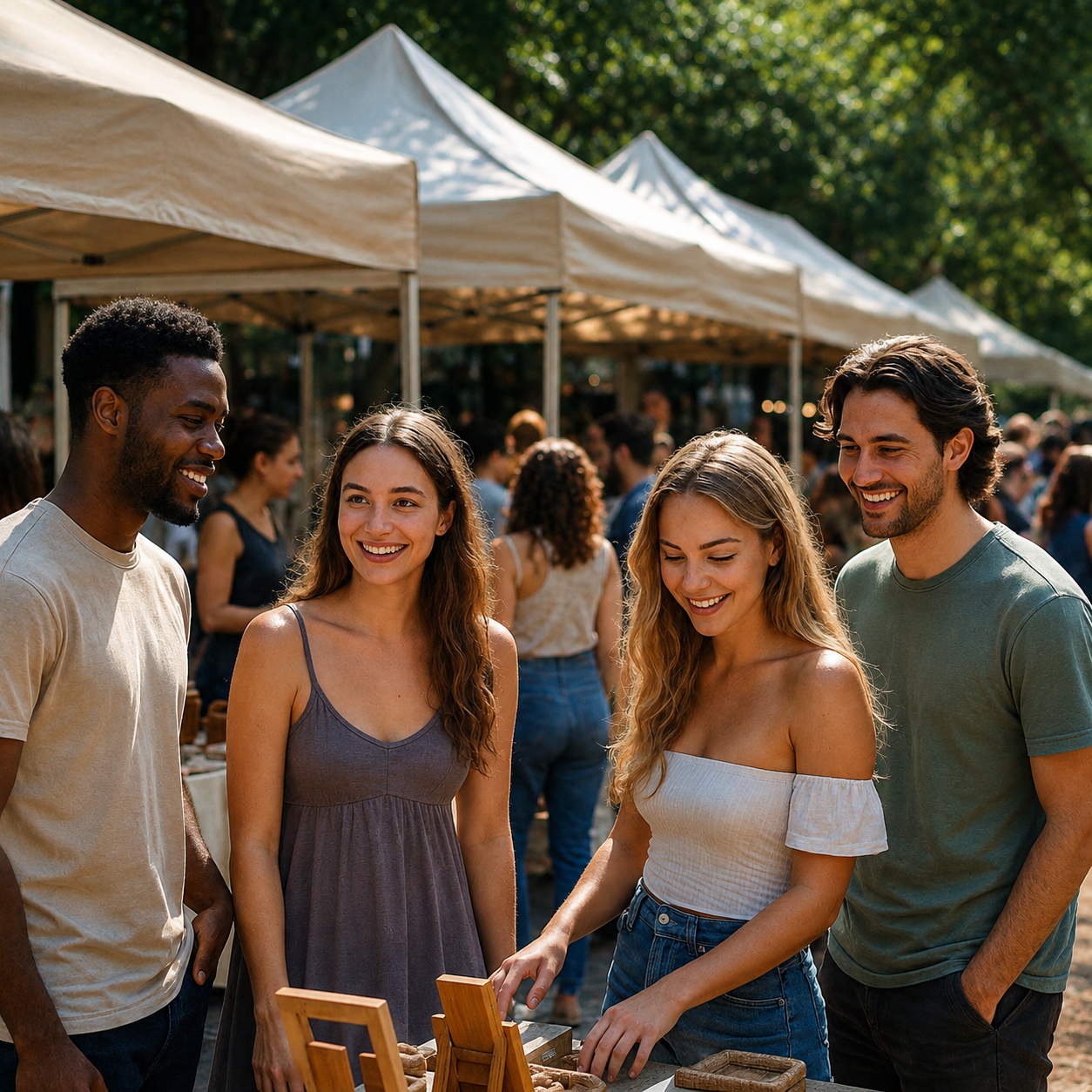 Young adults shopping at an outdoor artisan market with functional mushroom lifestyle branding and premium community wellness atmosphere under vendor tents
