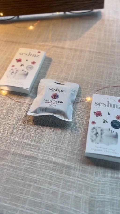Seshnz mushroom products on the table at a FungiPopUp event, original unaltered video frame