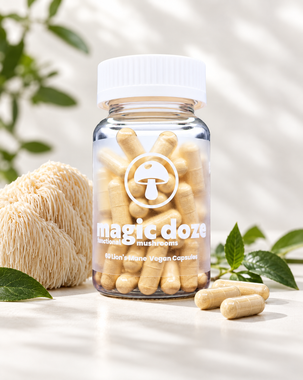 Magic Doze Brain Food Lion's Mane mushroom capsules bottle with capsule detail