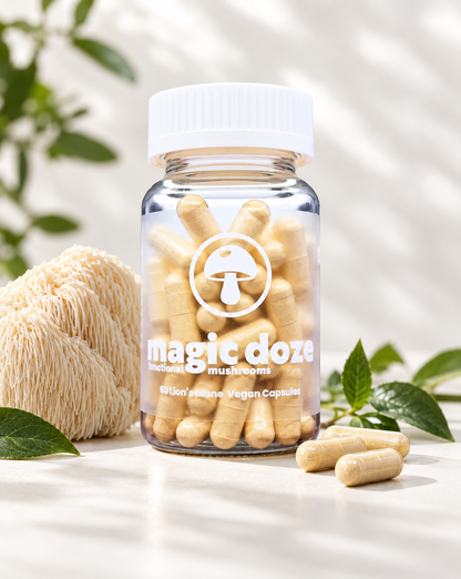 Magic Doze Brain Food Lion's Mane mushroom capsules bottle with capsule detail