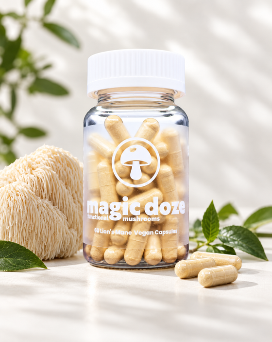 Magic Doze Brain Food Lion's Mane mushroom capsules bottle with capsule detail