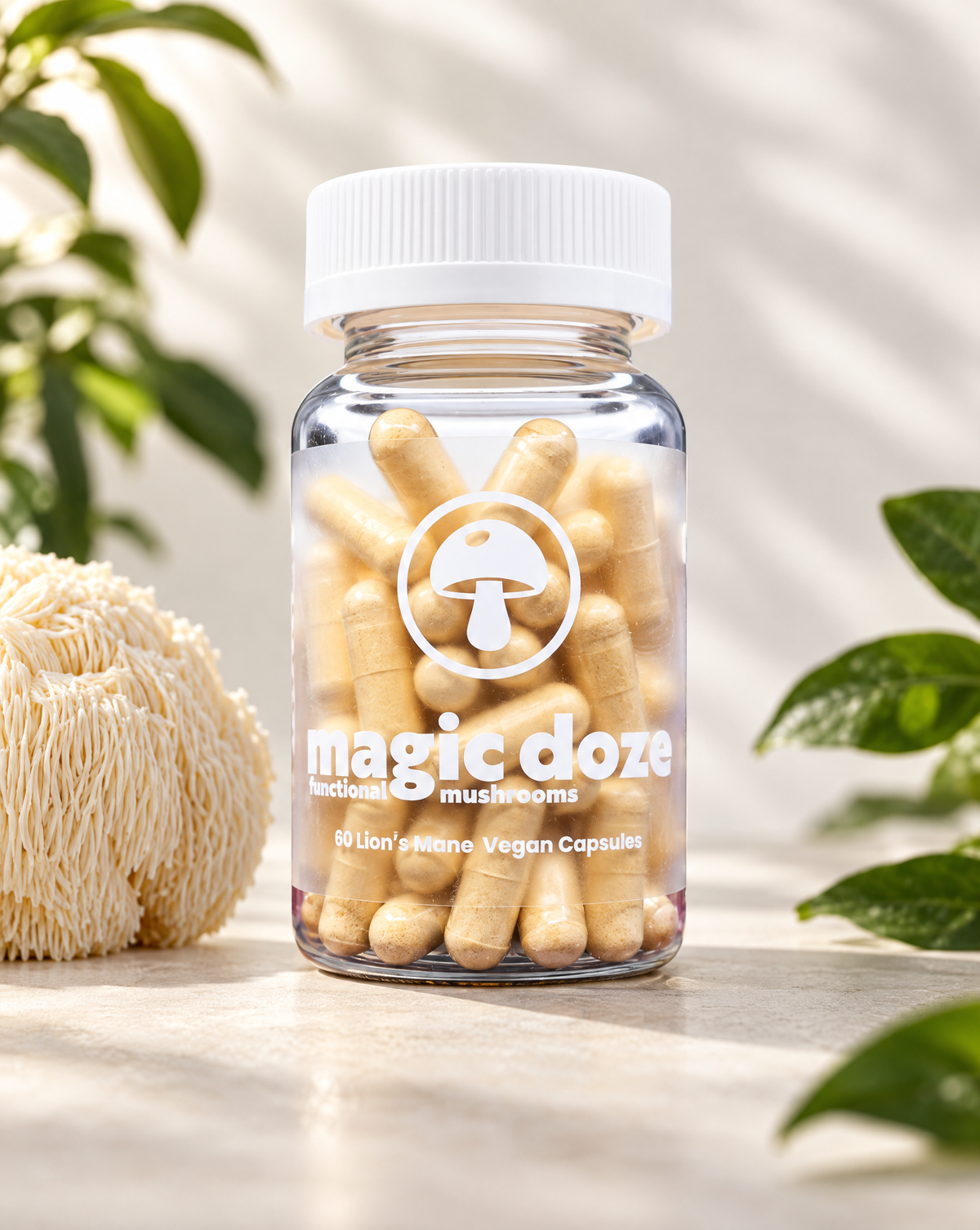 Magic Doze Brain Food Lion's Mane mushroom capsules bottle in clean lifestyle setting