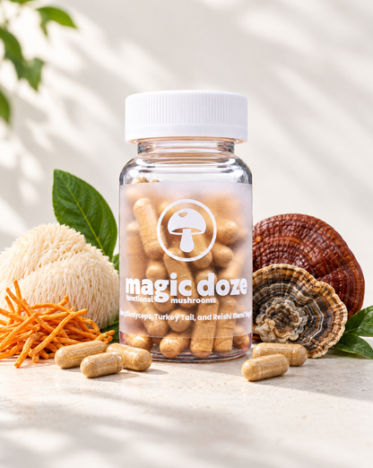 Magic Doze Maintain four-mushroom blend capsules bottle with capsule detail