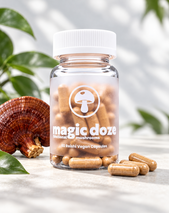 Magic Doze Unwind Reishi mushroom capsules bottle with capsule detail