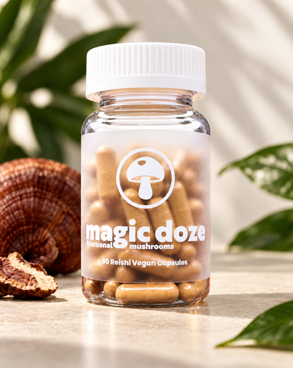 Magic Doze Unwind Reishi mushroom capsules bottle in clean lifestyle setting