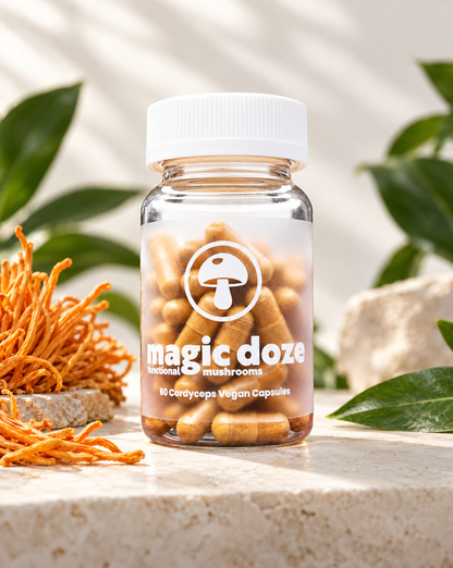 Magic Doze Vitalize Cordyceps mushroom capsules bottle in clean lifestyle setting