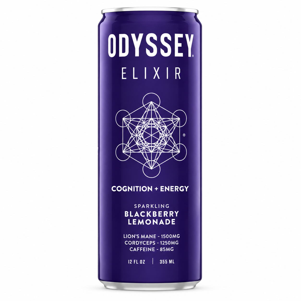 Odyssey Elixir Sparkling Blackberry Lemonade functional mushroom energy drink can on a clean white background with premium nootropic beverage branding