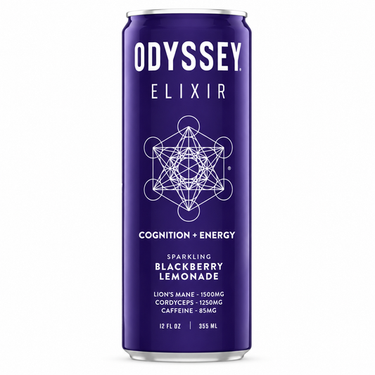 Odyssey Elixir Sparkling Blackberry Lemonade functional mushroom energy drink can on a clean white background with premium nootropic beverage branding