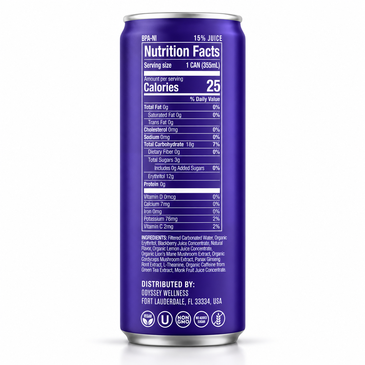 Odyssey Elixir functional mushroom energy drink purple can with nutrition facts label on a clean white background for premium nootropic beverage branding