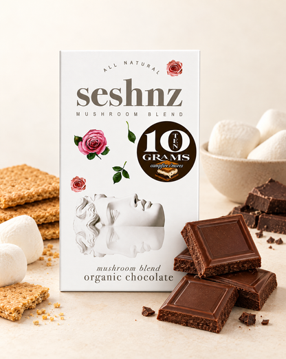 Seshnz Campfire S'mores 10g mushroom chocolate bar package with breakable chocolate pieces