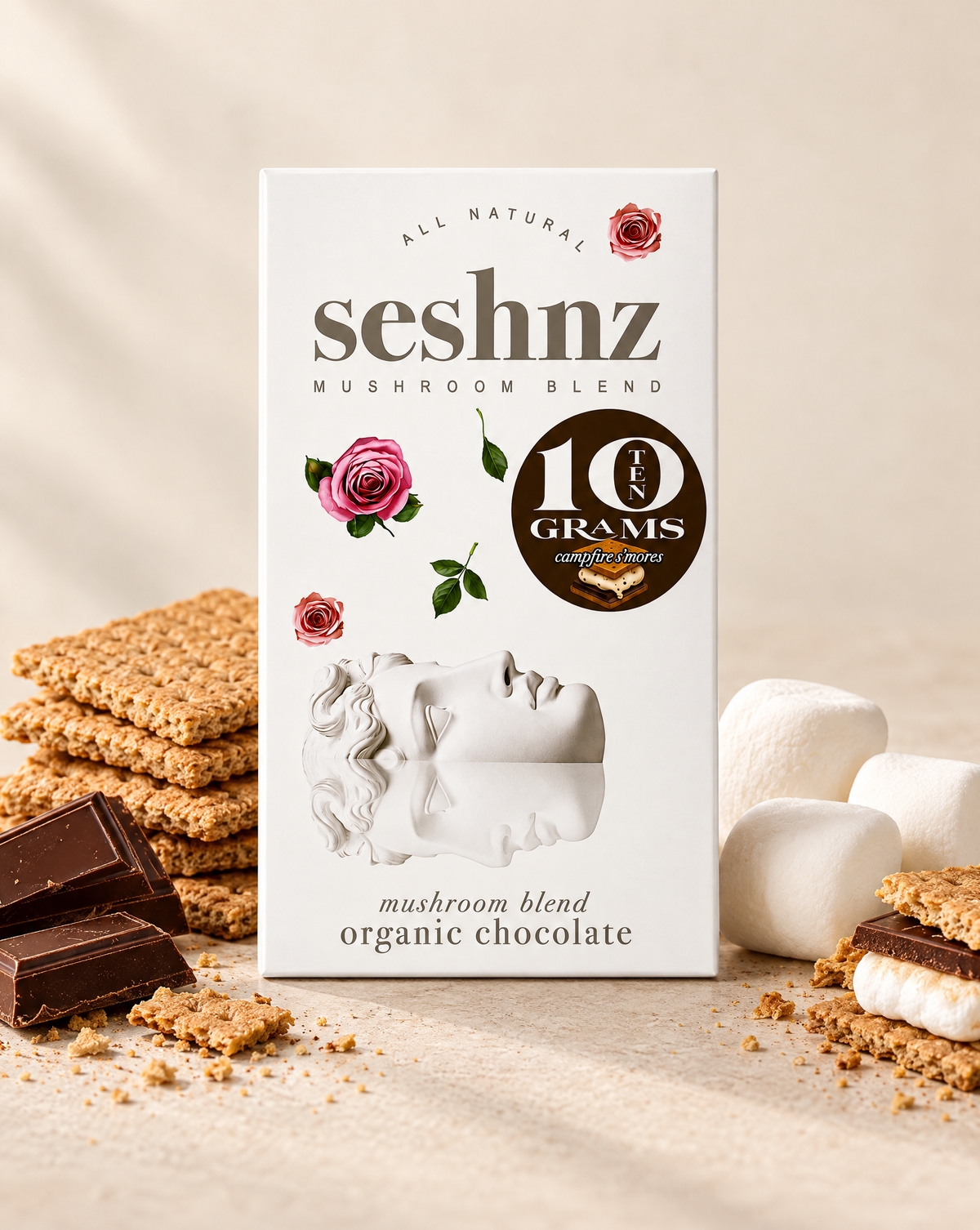 Seshnz Campfire S'mores 10g mushroom chocolate bar with marshmallow and graham flavor styling