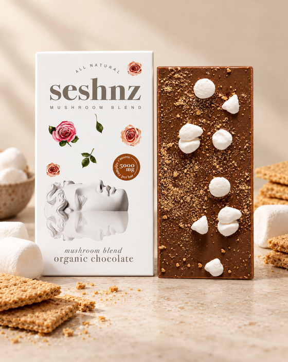 Seshnz Campfire S'mores mushroom chocolate bar with marshmallow and graham flavor styling