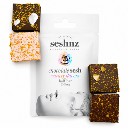 Seshnz mushroom chocolate half-bar variety pack with assorted flavors and packaging