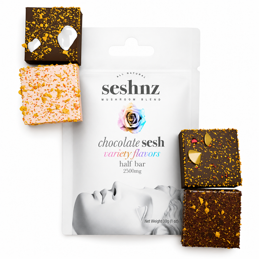Seshnz Chocolate Sesh variety flavors mushroom chocolate bars with assorted premium chocolate squares and functional mushroom edible packaging on a clean white background
