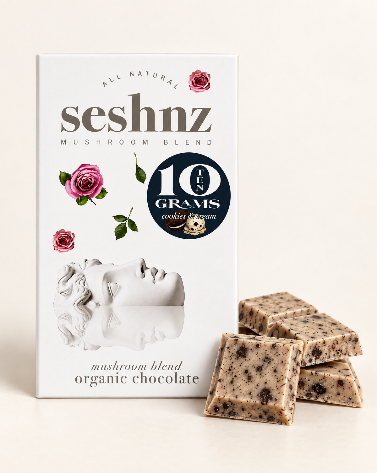 Seshnz Cookies and Cream 10g mushroom chocolate bar package with breakable chocolate pieces