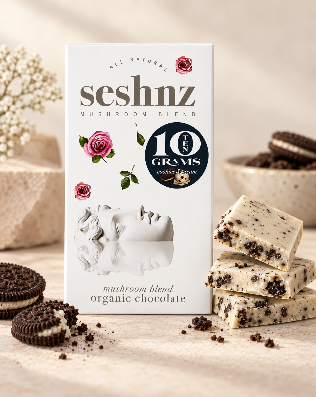 Seshnz Cookies and Cream 10g mushroom chocolate bar with cookie and vanilla cream flavor styling