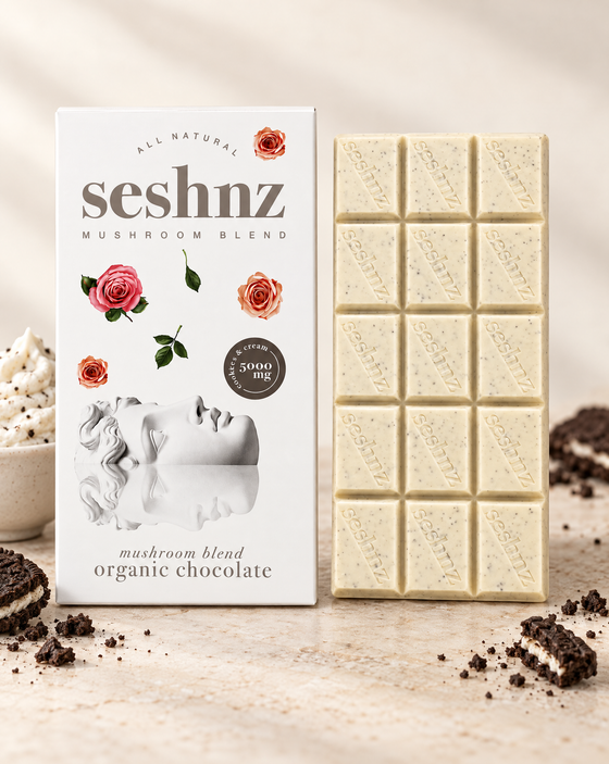 Seshnz Cookies and Cream mushroom chocolate bar package with breakable chocolate pieces