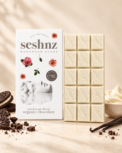 Seshnz Cookies and Cream mushroom chocolate bar with cookie and vanilla cream flavor styling