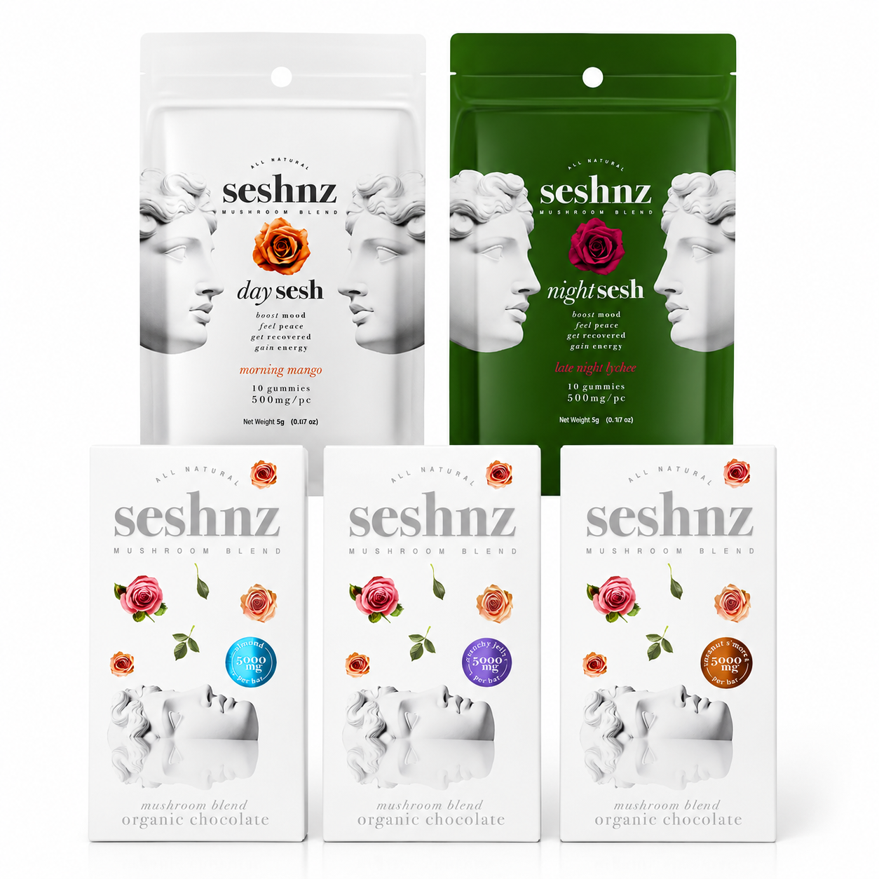 Seshnz Day Sesh and Night Sesh functional mushroom gummies with assorted organic mushroom chocolate bars and premium edible packaging collection on a clean white background