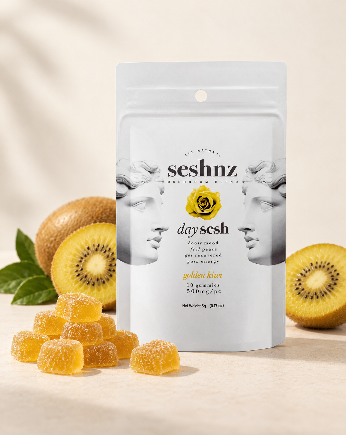 Seshnz Day Sesh Golden Kiwi mushroom gummies pouch with individual gummy pieces