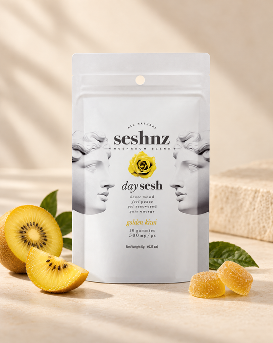Seshnz Day Sesh Golden Kiwi mushroom gummies pouch with kiwi flavor styling